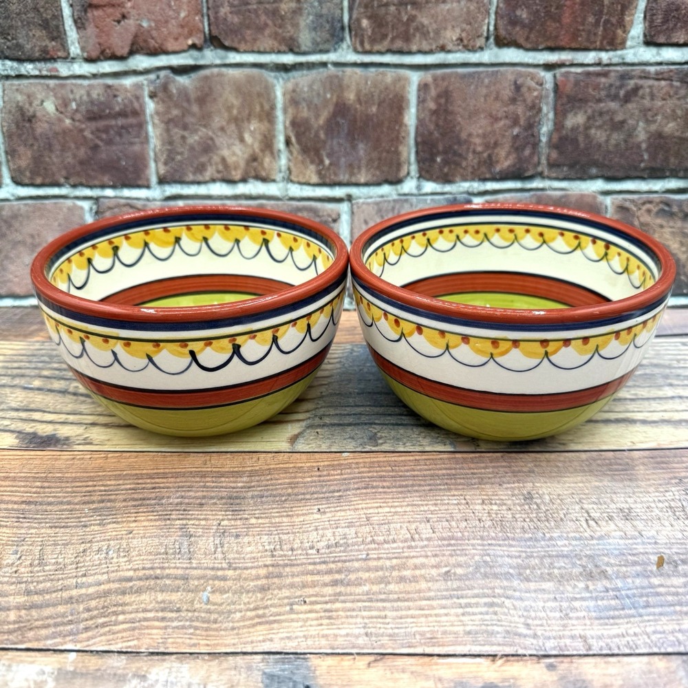 Pier 1 Del Sol 6"‎ Soup Cereal Bowls Hand Painted Earthenware Set of 2 Fiesta